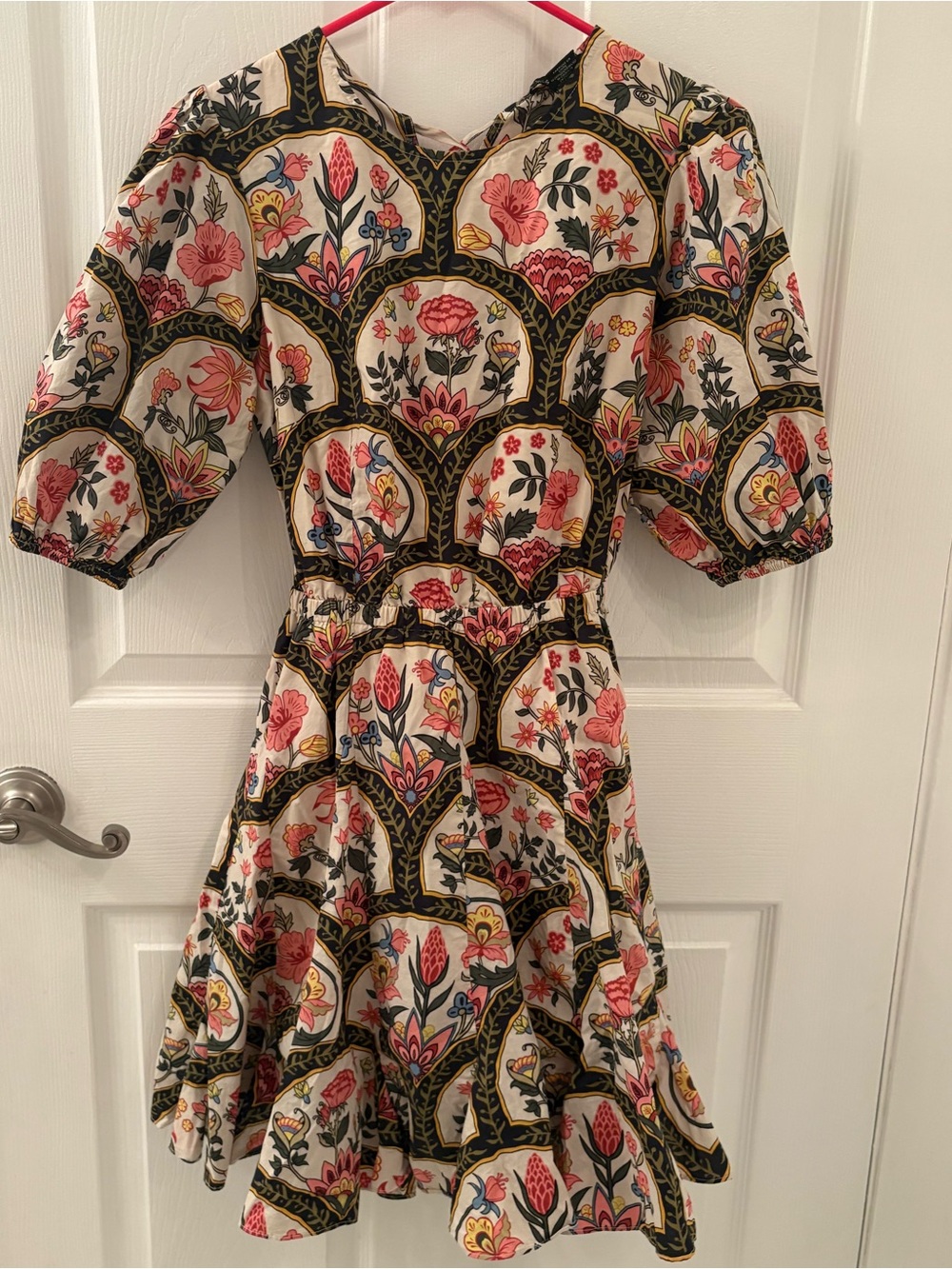 100% Cotton Christian Lacroix Floral Puff Sleeve Mini-Dress in Cream & Olive